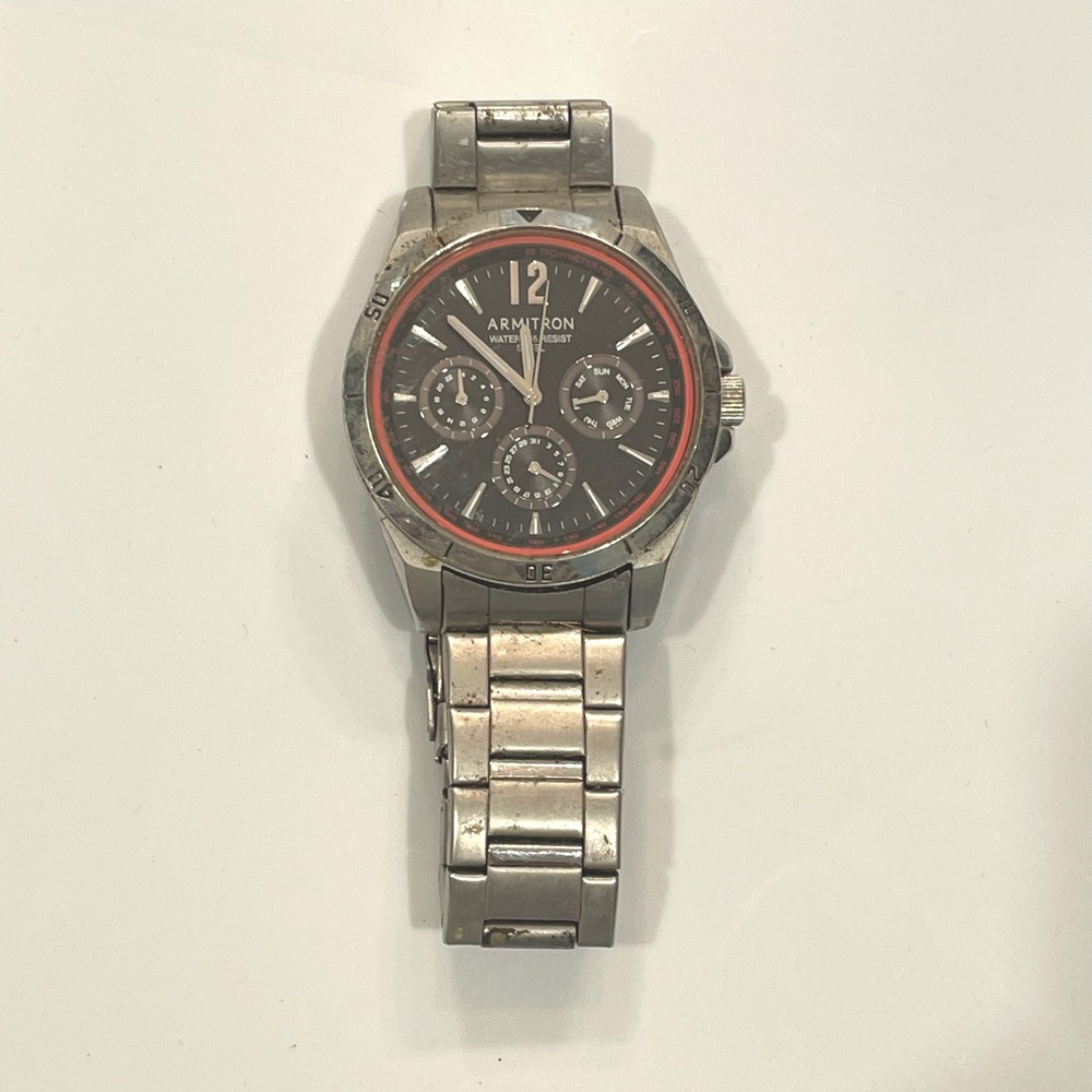 Armitron Mens Watch Silver Stainless Steel Black Dial Red Accent 20/5148SV VX7J